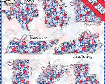 8 Png USA State Map Png Bundle, Patriotic State Map With Bow,4th Of July Floral Map Png, Red White Blue Png, Memorial Day , Sublimation File