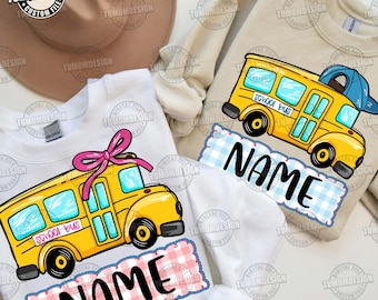 Preppy schoolbus met naam en strik png, coquetteschool png, terug naar school png, ontwerp schoolstrik meisje, naam leraar, sublimatiebestand