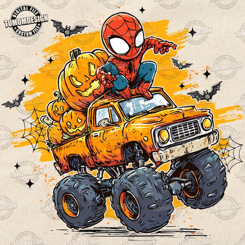May include: A cartoon illustration of Spider-Man sitting on top of an orange monster truck filled with pumpkins. The truck has large black tires and is decorated with bats, stars, and spiderwebs, perfect for Halloween.