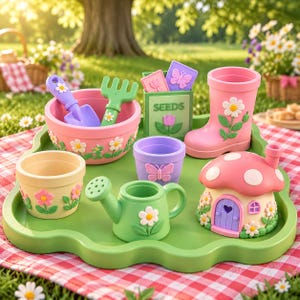 May include: A green scalloped tray holding a pink bowl with a purple shovel and green rake, a green seed box, a pink boot planter, a yellow flower pot, a green watering can, a purple pot, and a pink mushroom house with white polka dots.