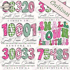 Może przedstawiać: Cyfrowy projekt z różnymi kodami pocztowymi w kolorze różowym, zielonym i brokatowym, z tekstem "Small Town Christmas" i słowem "Christmas" na banerze. Nazwy miast i stanów są wyświetlane poniżej.