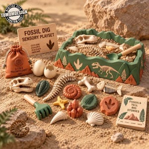 May include: A fossil dig sensory playset featuring a green tray with dinosaur graphics, a wooden sign reading FOSSIL DIG SENSORY PLAYSET, a small orange drawstring bag, a rake, and various plastic dinosaur bones, shells, and crystals.