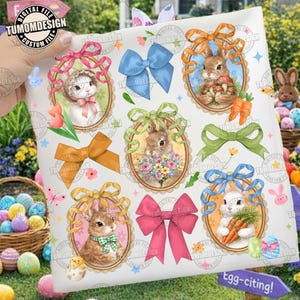 May include: A white fabric featuring Easter-themed illustrations. The design includes oval portraits of bunnies, colorful bows, carrots, and eggs. The text "DIGITAL FILE" and "TUMOMDESIGN" are visible. The phrase "Egg-citing!" is also present.