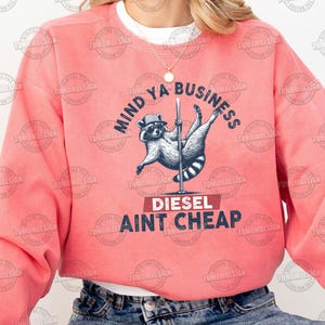 May include: A pink sweatshirt with a raccoon wearing a hat and sunglasses holding a pole. The text on the sweatshirt reads "Mind Ya Business Diesel Ain't Cheap".