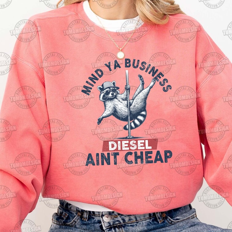 May include: A pink sweatshirt with a raccoon wearing a hat and sunglasses holding a pole. The text on the sweatshirt reads "Mind Ya Business Diesel Ain't Cheap".