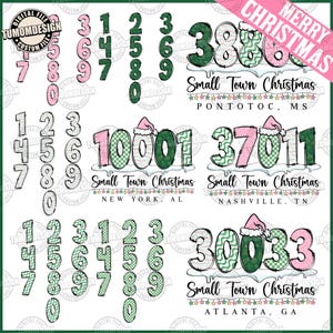 Puede incluir: Un archivo digital con diseños navideños. La imagen incluye varios códigos postales con elementos festivos como gorros de Papá Noel y texto decorativo. Los diseños incorporan colores verde y rosa, con las palabras "Merry Christmas" en la parte superior.