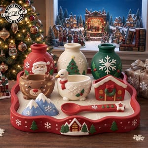 May include: A red, white, and green ceramic holiday set featuring three small vases, a reindeer bowl, a goose bowl, a house-shaped bowl, a mountain-shaped lid, and a red spoon, all arranged on a red tray with snowflake and house patterns.