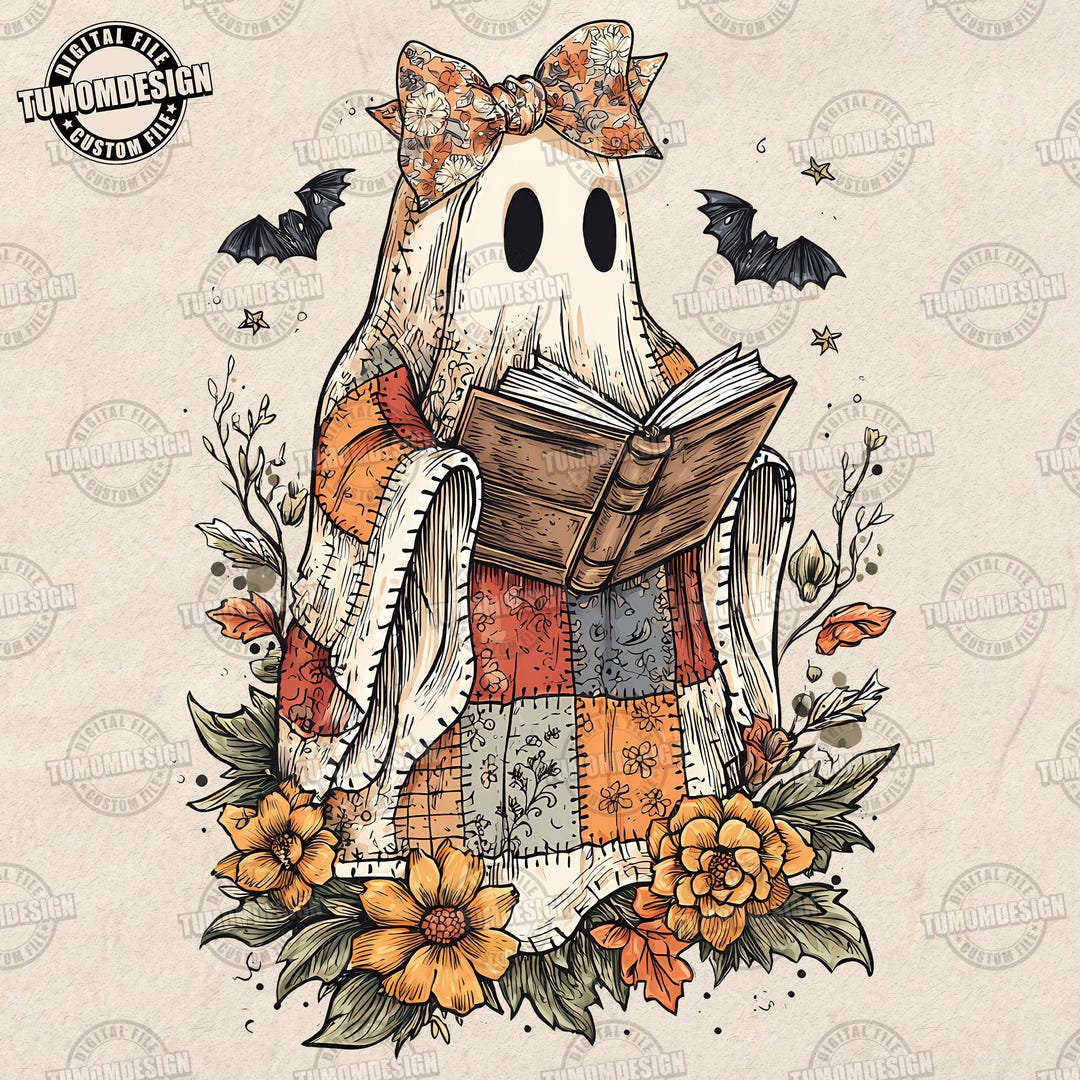 Patchwork Ghost Reading Books Png, Librarian Ghost Halloween Png ...