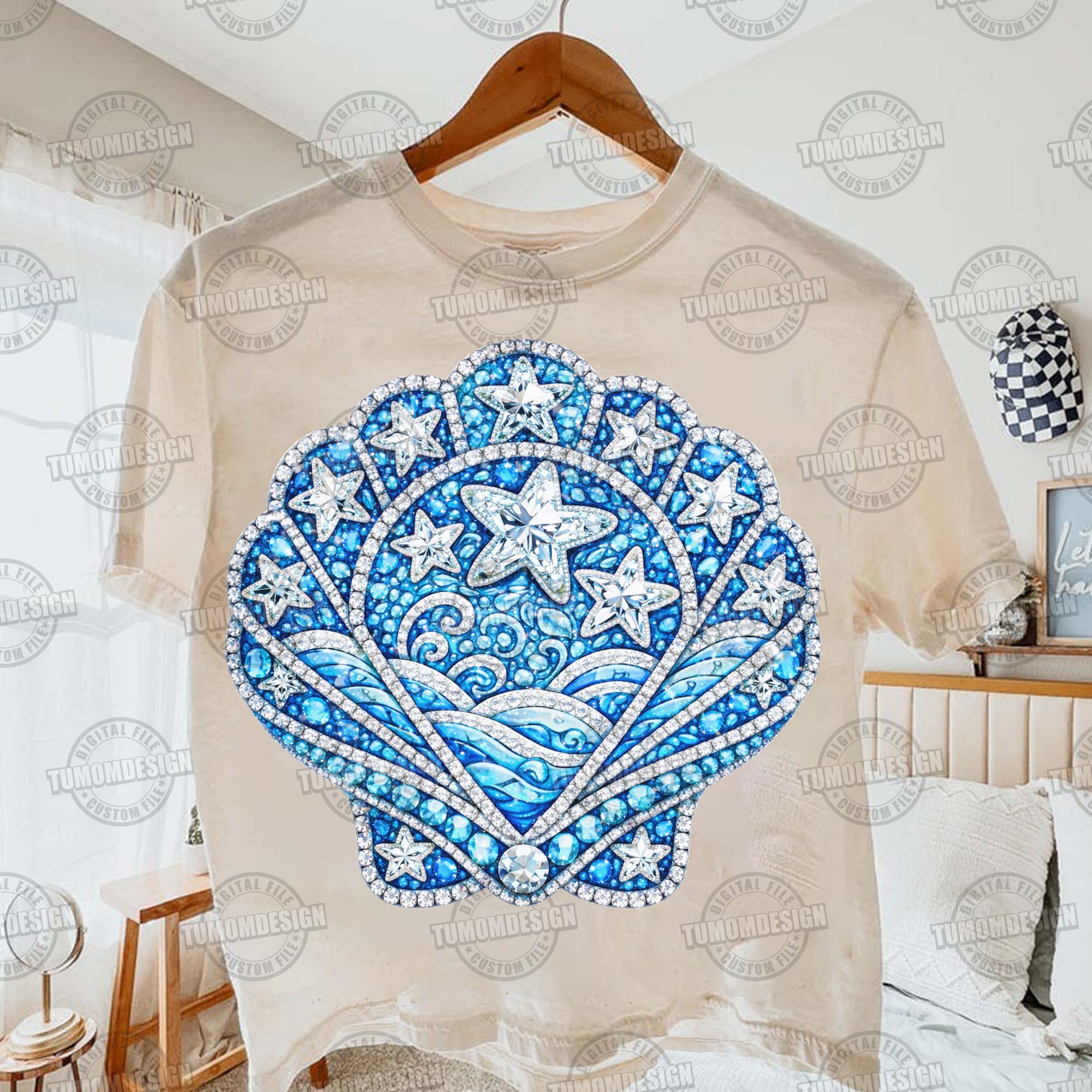 Seashell Rhinestone Png, Summer Png, Seashell Mosaic Printable, Blue ...