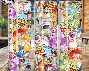 Trendige 5 Cartoon Friends Stamps Tumbler Wrap PNG, Aquarell Charakter Design, 20 Unzen Skinny Tumbler Sublimation, Sublimationsdatei