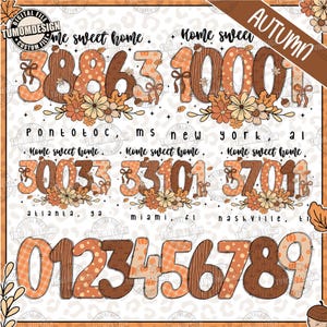 May include: Digital design featuring autumn-themed numbers and phrases. The numbers are decorated with fall patterns and floral accents. The text includes "Home sweet home" and various city names and zip codes. The color palette includes shades of orange, brown, and cream.