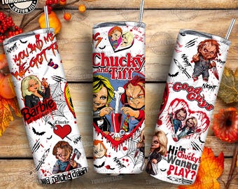 Couple Horror Character Halloween Tumbler Wrap Png, Cartoon Horror 20oz Tumbler, Halloween Horror Skinny Tumbler 20oz Png, Sublimation File