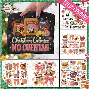 May include: Black t-shirt with embroidered Christmas-themed graphics, including mugs, pastries, and the text "Christmas Calories NO CUENTAN." Additional images show festive elements like bows, a donkey, and a gingerbread man.
