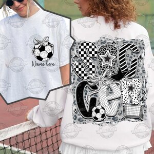 May include: White t-shirt with a black and white graphic design of the word "Soccer" with a soccer ball and stars. The design is on a gray and white leopard print background.