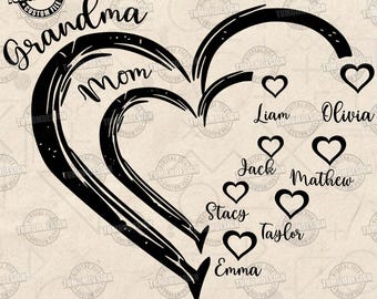 BENUTZERDEFINIERTE Herz-Enkelkind-Namens-Großmutter-Svg Png, Geschenk für Mama-Svg, Kindernamen-Png, Muttertagsherz-Rahmenentwurfs-Svg, Sublimationsdatei