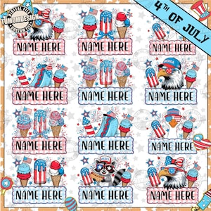May include: A digital design featuring patriotic illustrations for the 4th of July. The design includes ice cream cones, popsicles, fireworks, and American flag elements. Each design has a space to add a name.