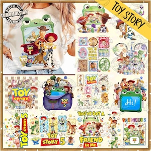 May include: A digital design sheet featuring Toy Story characters including Woody, Jessie, and Buzz Lightyear. The graphics include various frames, stamps, and text elements like Toy Story 5, You've Got A Friend In Me, and Hi, displayed in a collage format.