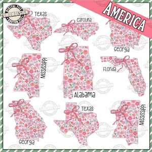 Coquette States Preppy Png Bundle, States Colorful Floral Inspired States Georgia Png, Texas, Florida Png, Alabama  Png, Sublimation File