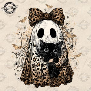May include: A digital illustration of a ghost wearing a leopard print bow and a leopard print patterned sheet, holding a black cat. The image includes bats, spiderwebs, and stars. Text on the image reads "TUMOMDESIGN CUSTOM FILE".