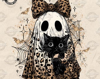 Retro Halloween Ghost And Cat Png, Leopard Ghost PNG, Preppy Ghost Boo PNG, Leopard Spooky Coquette, Fall, Halloween Png, Sublimation File