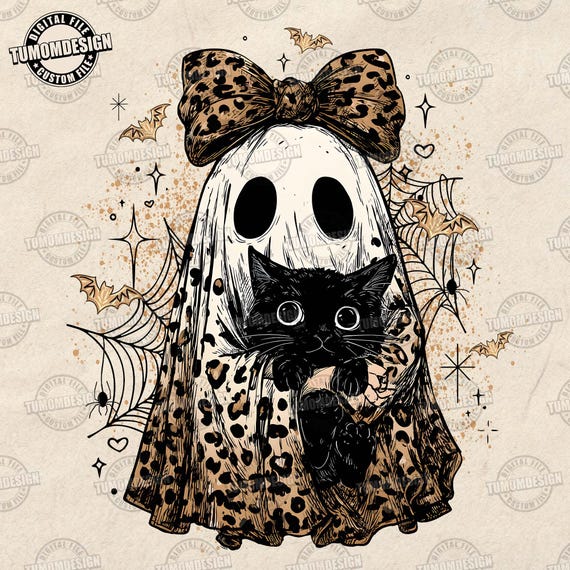 Retro Halloween Ghost And Cat Png, Leopard Ghost PNG, Preppy Ghost Boo PNG, Leopard Spooky Coquette, Fall, Halloween Png, Sublimation File