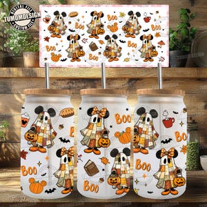 Cartoon Mouse Friends 16oz Glass Can Wrap Png, Halloween Pumpkins Libbey Glass Can Png, Halloween Cartoon Glass Can Wrap , Sublimation File