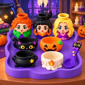 Puede incluir: Una bandeja morada que contiene tres cuencos con personajes de pelo naranja, negro y rubio, un cuenco de gato negro, un cuenco de calabaza naranja, un cuenco de caldero negro, un cuenco de vela blanca y una cuchara morada con un gato negro.