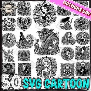 BUNDLE Personaggi dei film delle principesse SVG, Supereroi SVG, Film dei cartoni animati SVG, Rosa incantata, Principessa SVG, Killer dei film horror, File di sublimazione