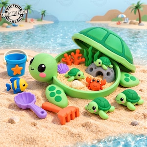 Könnte beinhalten: Ein grüner schildkrötenförmiger Sandkasten mit aufklappbarem Panzerdeckel, gefüllt mit Sand, Miniatur-Meerestieren und Korallen. Zubehör umfasst einen blauen Eimer mit orangefarbenem Stern, eine lila muschelförmige Schaufel und einen orangefarbenen Rechen.