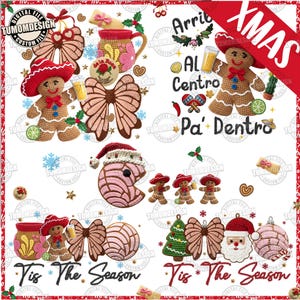 May include: A digital design featuring Christmas-themed crochet elements. Includes gingerbread men, bows, a Santa hat, a concha, and text that reads "XMAS" and "Tis The Season". The design is festive with a white background.