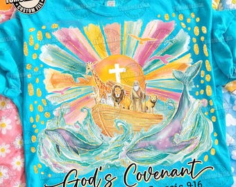 Noahs Arche PNG, Gottes Bund Genesis 9:16 Png, Buntes Bibel-Vers-Shirt-Design für Kinder, Boho Christian Jesus Brushstroke, Sublimationsdatei