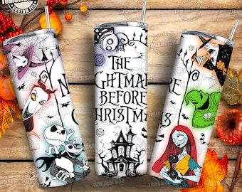 May include: Three white stainless steel tumblers with black lids and straws. Each tumbler features a different design from "The Nightmare Before Christmas." One has Jack Skellington, another Sally, and the third has the movie title.