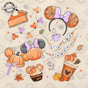 May include: A digital file featuring fall-themed illustrations. Includes pumpkin-shaped Mickey Mouse ears, pumpkins, a pumpkin spice latte, a slice of pie, and the phrase "tis the season."