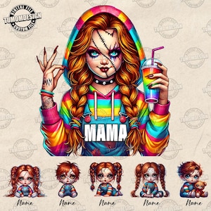 May include: A digital design featuring a stylized character with red hair in braids, a rainbow hoodie, and the word "MAMA" on the overalls. The character holds a rainbow drink and has stitched facial details. Below are five doll-like characters.