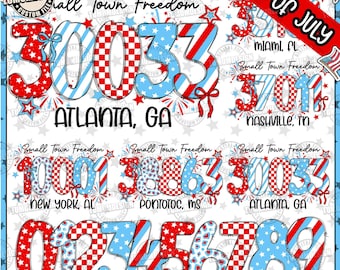 Personalize Small Town Freedom Zip Code PNG, Doodle Letters 4th Fourth July Png, Independence Day Png, Custom Zip Code Png, Sublimation File