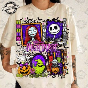 Puede incluir: Una camiseta de color crema con un estampado gráfico de personajes de Pesadilla antes de Navidad, incluyendo a Sally, Jack Skellington, Zero, Oogie Boogie, Lock, Shock y Barrel, con el texto Welcome to Nightmare.