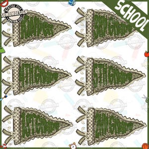 Könnte beinhalten: Ein Set aus sechs dreieckigen Wimpeln mit grünem Leopardenmuster, kariertem Rand und Bändern. Jeder Wimpel zeigt dunkelgrünen Text: Kinder, 1st Grade, 2nd Grade, 3rd Grade, 4th Grade und 5th Grade. Das Design enthält ein Wasserzeichen.