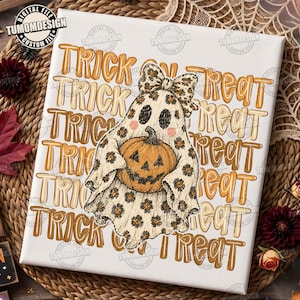 May include: A white canvas print featuring a repeating orange and brown text pattern of the words Trick or Treat. In the center, a ghost with a leopard print bow and pattern holds an orange jack-o'-lantern pumpkin with a carved face.
