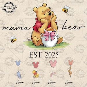 Op de afbeelding: Een Winnie de Poeh-illustratie met de tekst "mama bear est. 2025" en vier Winnie de Poeh-karakters met ballonnen. De karakters zijn Biggetje, Tijger, Eeyore en Winnie de Poeh.