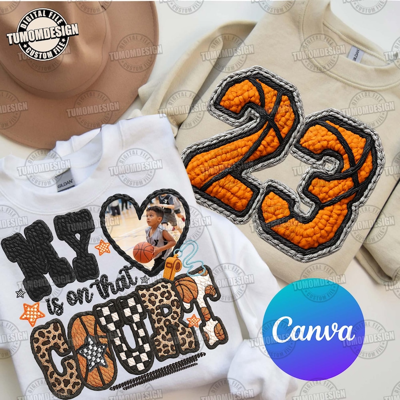 May include: White and beige sweatshirts with basketball designs. One has the text "MY is on that COURT" with a photo, basketball, and star accents. Another features the number "23" in orange and black.