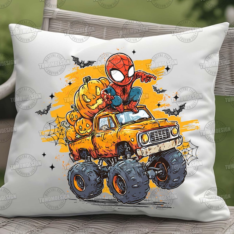 May include: White square pillow featuring a Halloween-themed design. The image shows Spider-Man sitting on an orange monster truck filled with pumpkins. Bats, spiderwebs, and stars are also included in the design.