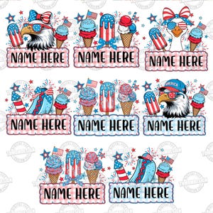 May include: A patriotic design featuring an American bald eagle, goose, and ice cream cones with red, white, and blue accents. The design includes the text "NAME HERE" on a checkered banner, and stars and fireworks.