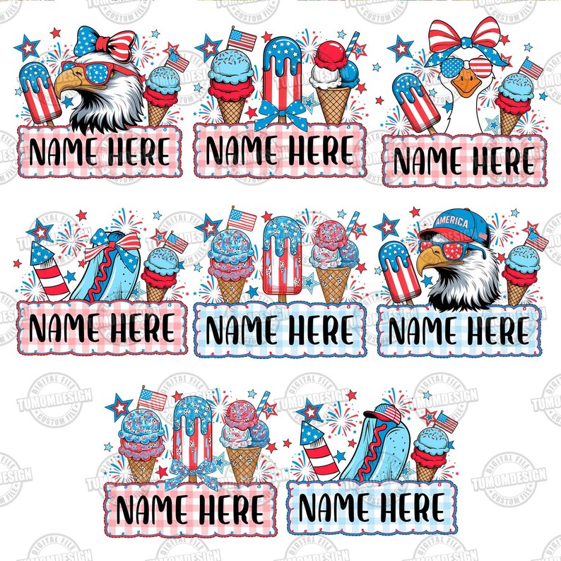 May include: A patriotic design featuring an American bald eagle, goose, and ice cream cones with red, white, and blue accents. The design includes the text "NAME HERE" on a checkered banner, and stars and fireworks.