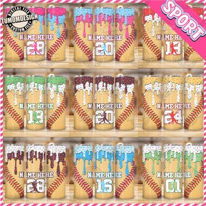 May include: Nine different sublimation designs for a 20 oz skinny tumbler. Each design features a baseball with a dripping ice cream cone, sprinkles, and a number. The designs are in various colors, including pink, blue, green, brown, and white.