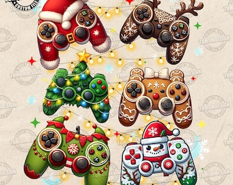 Op de afbeelding: Zes kerst-thema gamecontrollers met feestelijke ontwerpen. De controllers zijn versierd met een kerstmuts, rendiergewei, een kerstboom, een peperkoeken man, een elf en een sneeuwman. Slingers en sterren dragen bij aan het vakantiethema.