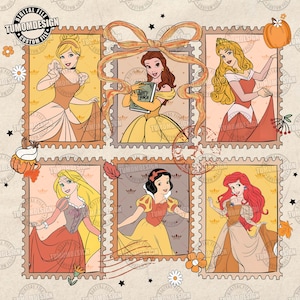 May include: Digital file featuring six princess illustrations in postage stamp frames. Cinderella, Belle, and Aurora are depicted, along with Rapunzel, Snow White, and Ariel. The color palette includes shades of orange, yellow, and brown, with floral and autumn-themed accents.