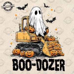 May include: A digital illustration features a yellow bulldozer with a white ghost draped over it, surrounded by jack-o'-lanterns and bats. The text "BOO-DOZER" is displayed in bold, black letters below the bulldozer. The design has a Halloween theme.
