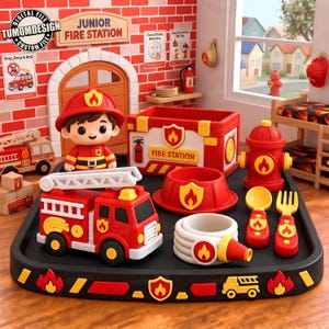 May include: A fire station themed dining set featuring a red fire engine, a firefighter figurine, a storage box labelled FIRE STATION, a fire hydrant, a coiled hose, a bowl, a spoon, and a fork, all decorated with yellow flame icons.
