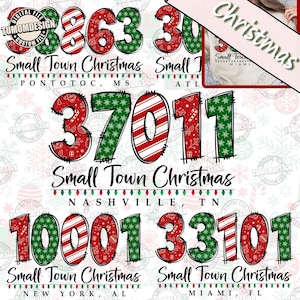May include: Digital file with Christmas designs. The image displays zip codes in red and green, with festive patterns and the text "Small Town Christmas" below each. Locations include Pontotoc, MS, Atlanta, Nashville, TN, New York, AL, and Miami, FL.