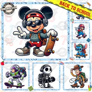 Lot de 7 dessins animés pour la rentrée des classes, dessin animé personnage png, premier jour d'école png, amis dessin animé png, dessin animé monstre, fichier sublimation